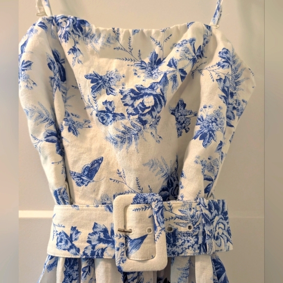 & Other Stories Belted Linen Midi Dress Blue White Floral Small Size 6 Sundress - Picture 5 of 7